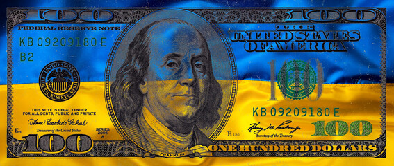 Transparent US 100 dollar banknote on Ukrainian national flag background for design purpose