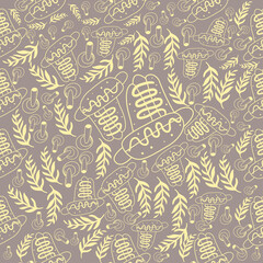 Stylish seamless pattern on a beige background with delicious hot dog, mushrooms and mint. Texture for scrapbooking, wrapping paper, invitations. Vector illustration.