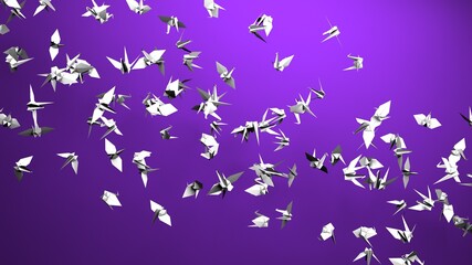 White origami crane on purple background.
3D illustration for background.
