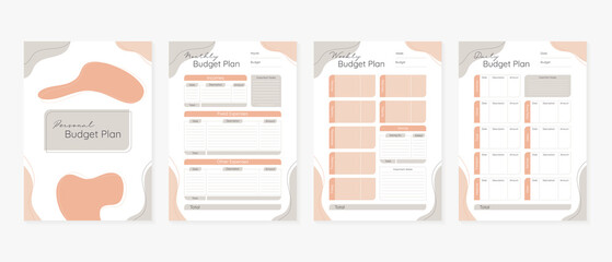 Template of personal budget plan, monthly, weekly and daily trackers. Trendy colors, CMYK