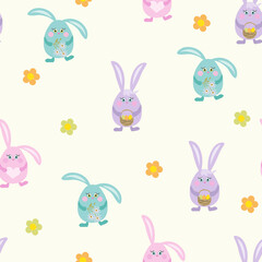 Vector illustration of happy sweet easter filled with cute easter bunnies and easter eggs in a basket. Bright repeat design for decor, fabric, print, wallpaper, wrapping, baby illustrations, cards