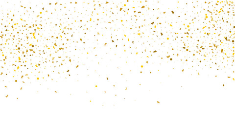 Golden glitter confetti on a white background. Illustration of a drop of shiny particles.
