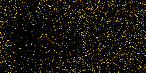 Golden glitter confetti on a black background. Illustration of a drop of shiny particles.