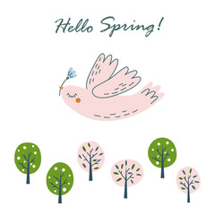 Spring postcard. We welcome spring. A bird flies over a flowering garden.
