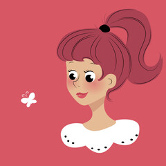 girl with pink hair looks at a white butterfly