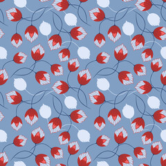 Vector illustration. Red flowers are randomly arranged on a light blue background. Abstract seamless botanical pattern. Can be used for wallpapers, covers, cards, textiles, websites, prints, tiles