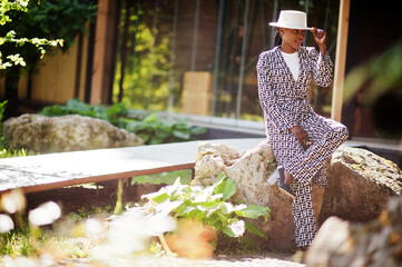 Beautiful african american woman natural makeup wear fashion clothes casual black and white dress...