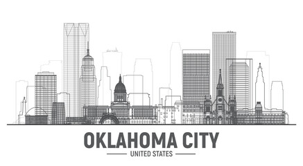 Oklahoma City (US) line skyline on white background. Stroke realistic style with famous landmarks and modern scraper buildings. Vector illustration for web or print production.
