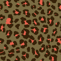 Seamless leopard pattern print in rose red, chocolate brown and khaki tan.  © Jeffery Edwards