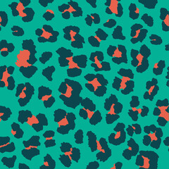 Seamless leopard pattern print in teal green, dark jade and rose red.

