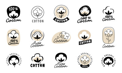 Cotton labels and badges set. Vector icon, sticker, stamp, tag with flower for clothing store