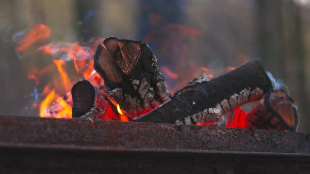 Burning fireplace before barbecue