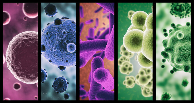 Multi-colored microbes. A combined image of various micro organisms in color.