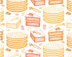 Sketch drawing pattern of orange Carrot cake isolated on white background. Outline drawn wallpaper of baked sweet dessert . Whipped cream, walnut, pecan nuts . Line art food. Vector illustration. - 499011946