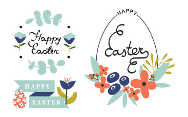 Bundle Happy Easter greeting card, poster, cover design. Inscription with spring flowers and silhouette of an Easter egg. Set of vector vector holiday designs for typography. Flat style illustration.
