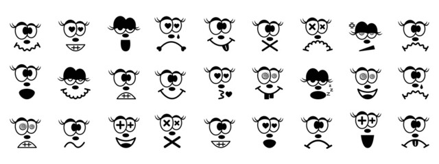 Set of cute emoticons, icons. Emotion design with big eyes and eyelashes. Funny, sad, sleepy, loving symbols. Faces for social networks, emotional messages. Emojis for holidays, business. Vector.