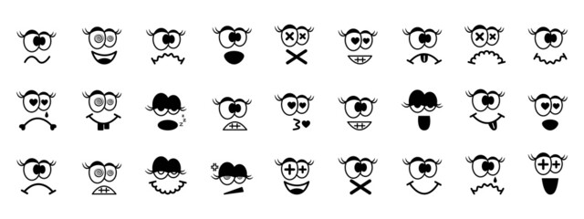 Set of cute emoticons, icons. Emotion design with big eyes and eyelashes. Funny, sad, sleepy, loving symbols. Faces for social networks, emotional messages. Emojis for holidays, business. Vector.