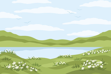 Landscape with hill flowering plants, sky with clouds and lake. Local tourism concept, wild nature. Vector illustration