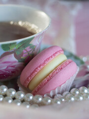 Royal Tea Party / dessert Macarons d'Amiens / Royal Breakfast
natural light / Cup of hot tea / pink Macarons / 
tea-set