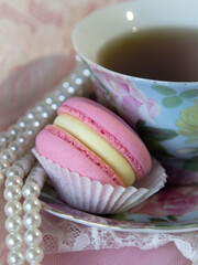 Royal Tea Party / dessert Macarons d'Amiens / Royal Breakfast
natural light / Cup of hot tea / pink Macarons / 
tea-set