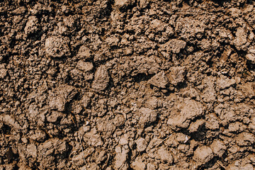 Background, texture of dug up brown earth, soil.