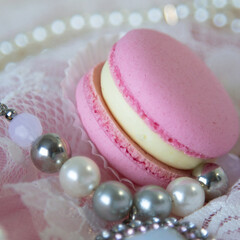 Princess sweets / pink Macarons and pearls
appetizing sweets / dessert/ natural light / pink Macarons and white pearls / Macarons d'Amiens