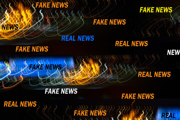 abstract illustration with light stripes and stains and inscriptions: FAKE NEWS and REAL NEWS.