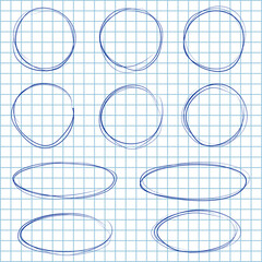 Blue ball pen circles and ovals on checkered notebook background. Vector hand-drawn circles isolated