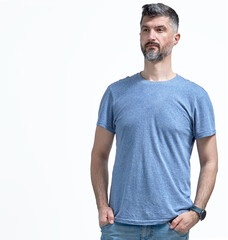 Handsome man in blue T-shirt looking serious