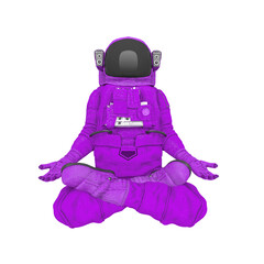 astronaut explorer is floating and also meditative doing yoga on white background front view