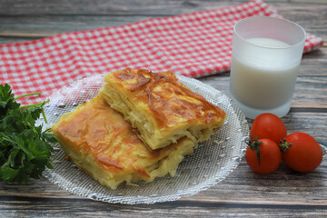 Delicious Turkish food; Tray pastry; (Turkish name; Su boregi)