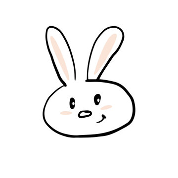 Hand drawn cute rabbit face doodle style, vector illustration isolated on white background. Smiling animal with colored cheeks and ears, bunny character
