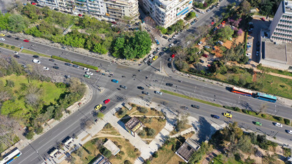 Aerial drone top view photo of road junction in cityscape of Athens centre of Vasilisis Sofias Avenue and Vasileos Konstantinou, Attica, Greece