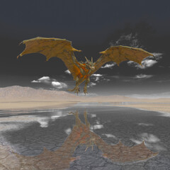 dragon is flying up on the desert after rain