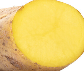 Close-up of a fresh cut ripe raw potato tuber on a white background.