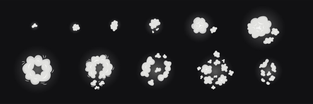 Top view sprite explosion set. Vector stock illustration isolated on black chalkboard background for animation comic move graphic design. 