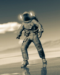 astronaut is discovering water with reflection on water in the desert of another planet after rain