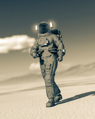 astronaut is walking alone in the desert of another planet after rain - obrazy, fototapety, plakaty