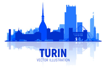 Turin, Italy city skyline silhouette on a white background. Vector Illustration. Business travel and tourism concept with modern buildings. Image for banner or website.