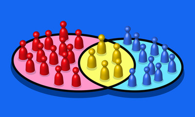 Fototapeta na wymiar people intersection concept, red, yellow and blue pawns, vector illustration 