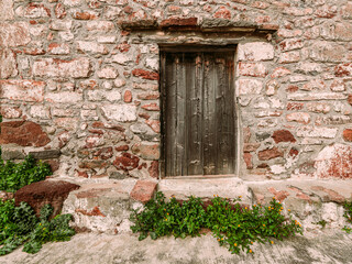 A natural dark wood door of an old stone house with yellow flowers, Pachia Rahi village, Aegina island, Greece
