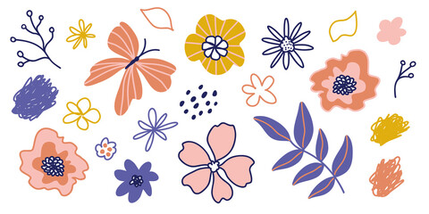 Flowers and abstract doodle elements in flat style. Set of clip art for trendy modern summer design. Hand drawn vector illustration. Isolated on white background.