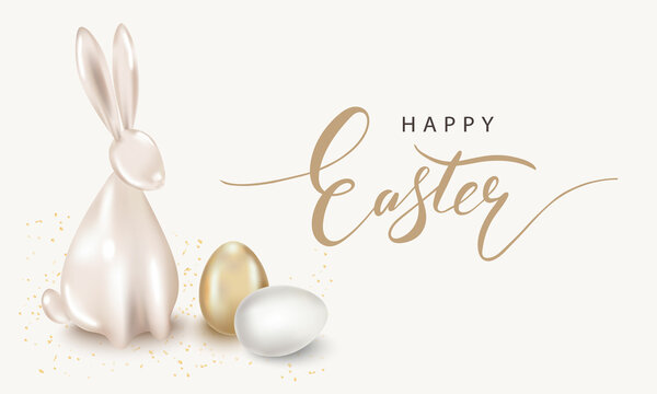 A horizontal banner with a happy Easter holiday. Easter banners with eggs, rabbit, golden confetti on a beige background. Vector illustration with 3d decorative objects