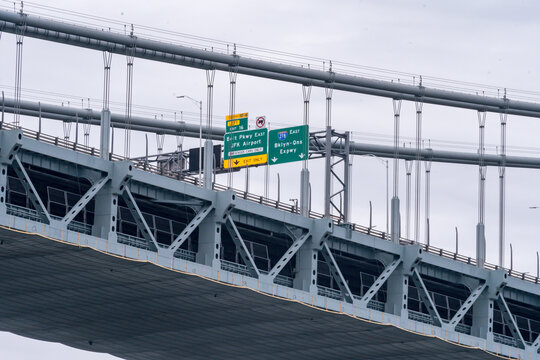 Road signs on the upper level of the Verrazano Narrows Bridge between Brooklyn and Staten Island, Belt Parkway