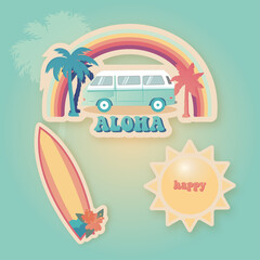 hippie bus surfboard and sun stickers