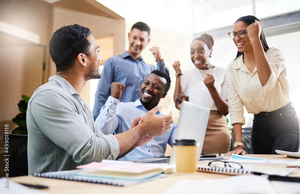 Aufkleber you did it again. cropped shot of a diverse group of businesspeople cheering while sitting in the bo