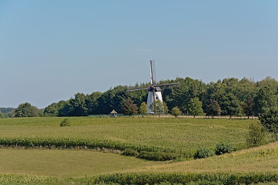 farm landscape with agricultural fields, forest and historic windmill on a sunny summerday in Maarkedal, Flanders, Belgium 