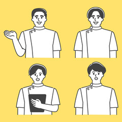 受付で案内をする男性看護師のセット