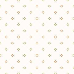 Simple golden floral pattern. Vector minimalist seamless texture with small flower shapes. Abstract minimal geometric gold and white background. Luxury repeat design for decor, fabric, wallpaper, wrap