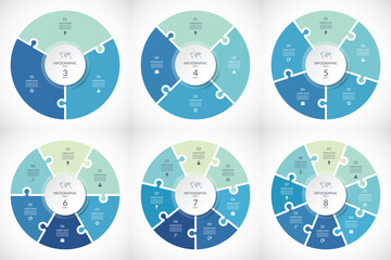 Fototapeta Set of vector infographic puzzle circular templates. Cycle diagrams with 3, 4, 5, 6, 7, 8 parts, options. Can be used for chart, graph, report, presentation, web design. obraz